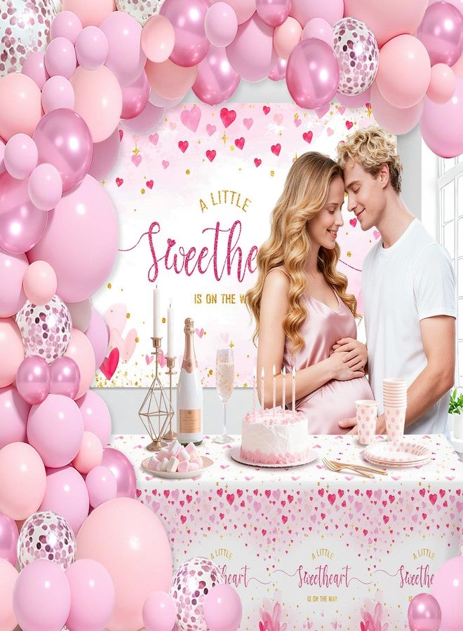 ميهوفوند زينة حفل استقبال مولود جديد بمناسبة عيد الحب من MEHOFOND، طقم قوس بالونات لحفل استقبال مولود جديد مكتوب عليه "حبيبة في الطريق"، زينة حفل استقبال مولود جديد بمناسبة عيد الحب مع خلفية ومفرش طاولة للبنات - Image 5